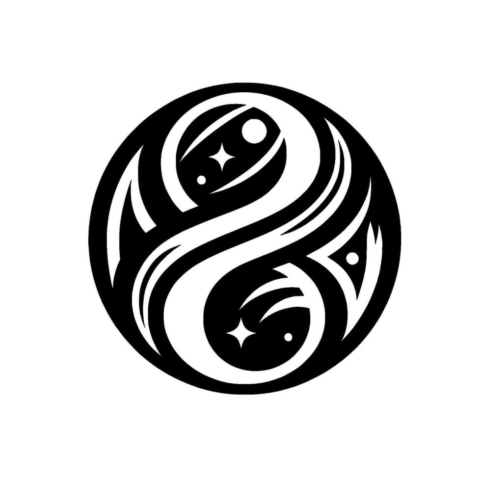Intricate black and white Yin Yang symbol with a celestial twist, featuring stars and dots, set within a circle, evoking balance. vector