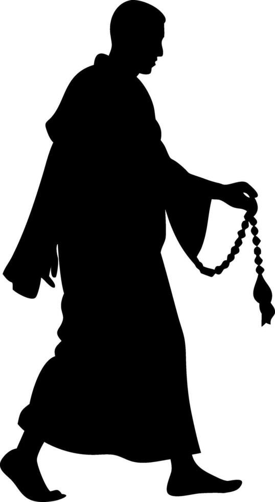 Silhouette of a Meditative Monk Walking with Prayer Beads for Yoga and Spiritual Designs vector