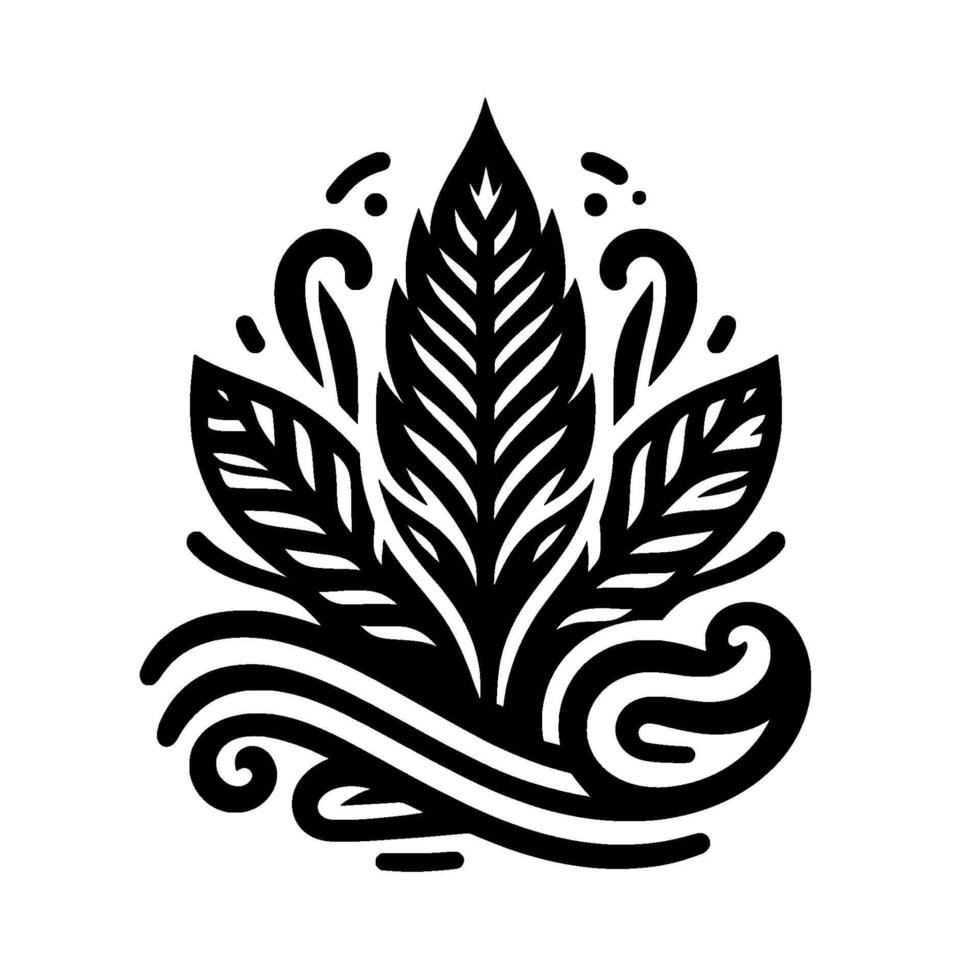 Bold, symmetrical black and white illustration of stylized leaves and waterlike elements in a aesthetic. vector