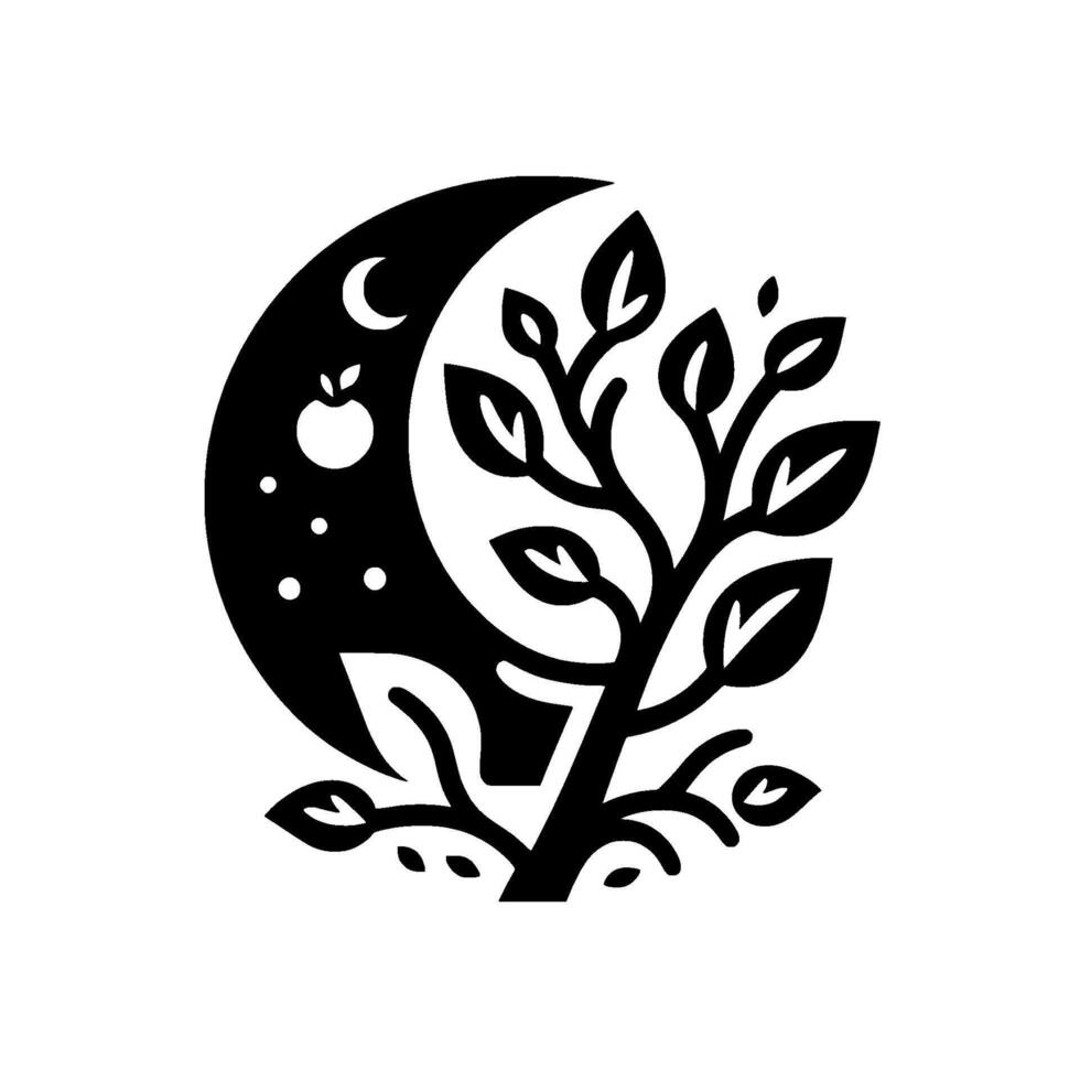 A stylized, minimalist black and white illustration of a crescent moon cradling a tree with leaves and an apple. vector