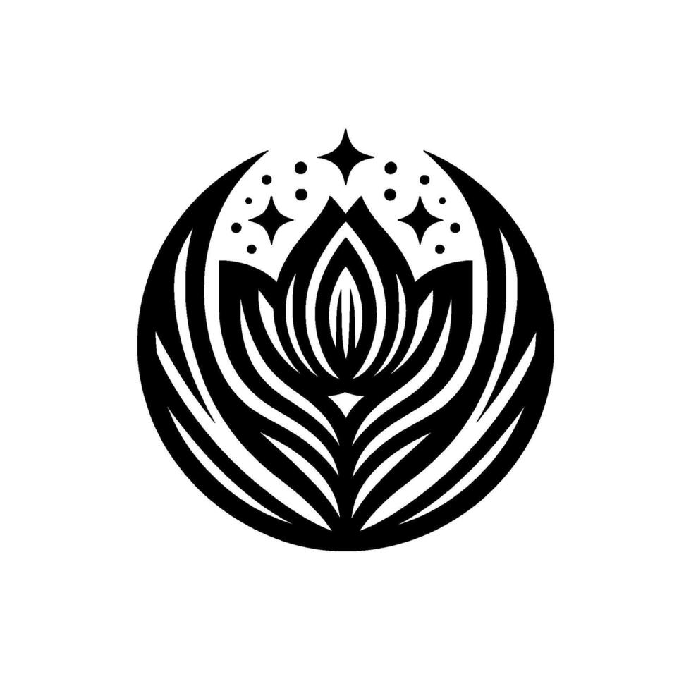 Black and white minimalist lotus flower emblem within a circle, accented by stars and dots for a clean, modern aesthetic. vector