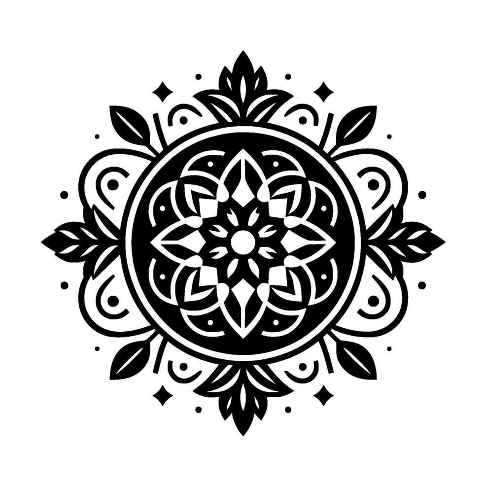 Ornate Black and White Circular Mandala with Floral Elements, Geometric Patterns, and Decorative Embellishments on White Background. vector