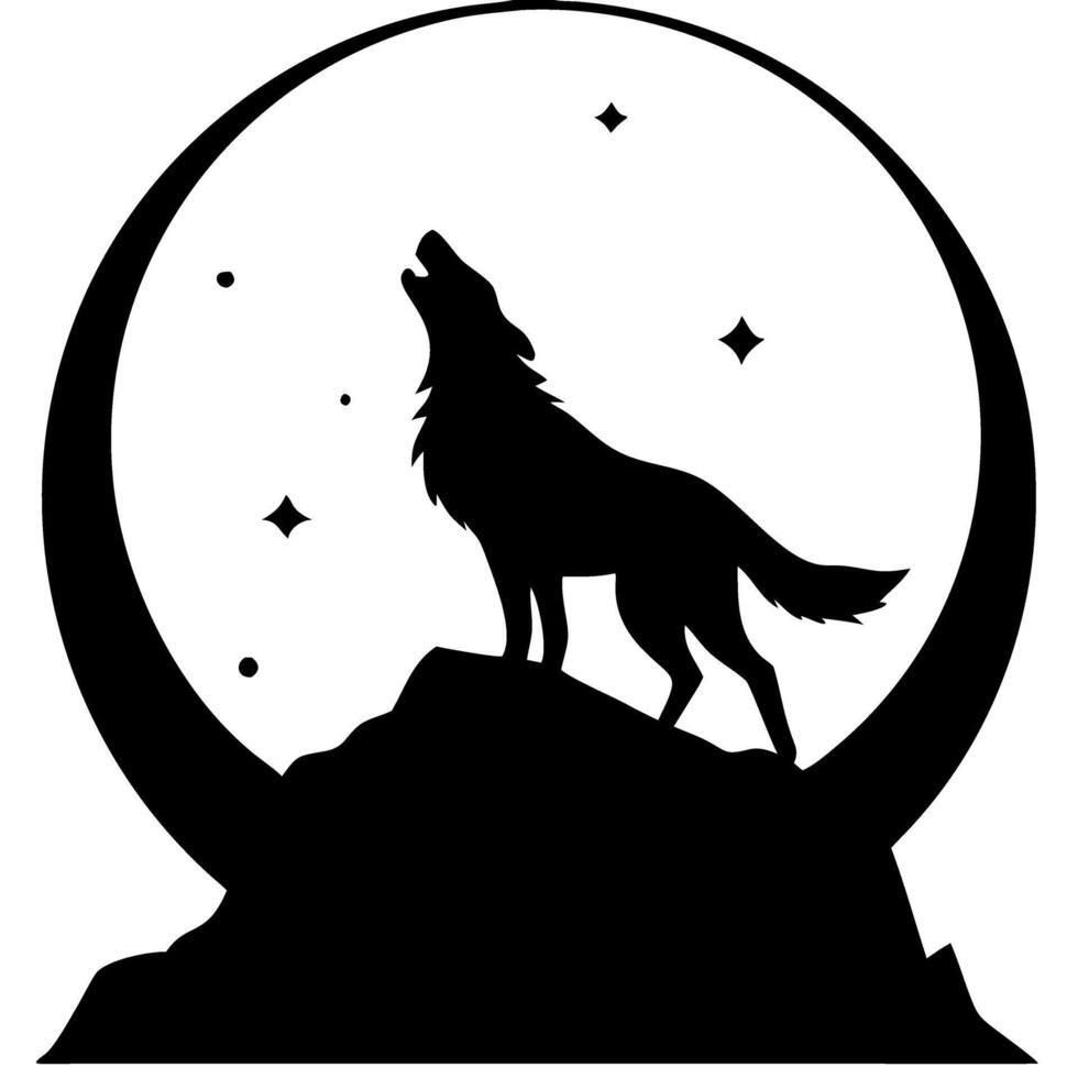 Majestic Howling Wolf Silhouette Against Full Moon and Stars for Tattoos and Decor vector