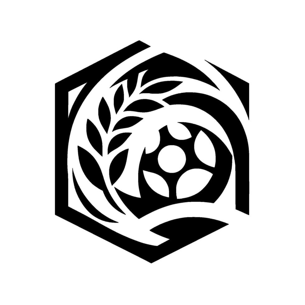 Intricate Black and White Hexagon with Wheat, Circular Organic Lines, Illustration, Modern Simplicity. vector