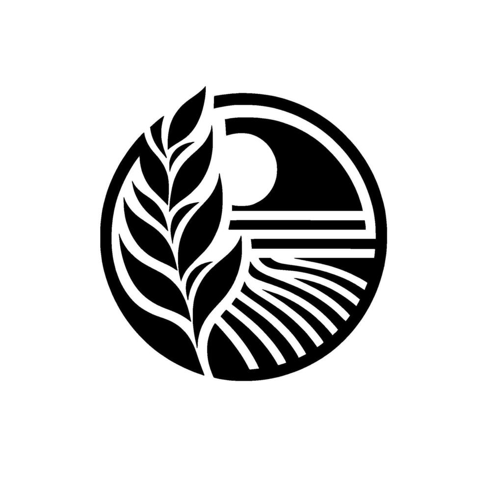 A minimalist black and white circular featuring wheat, sun, and a stylized farmland scene, embodying rural agricultural aesthetics. vector