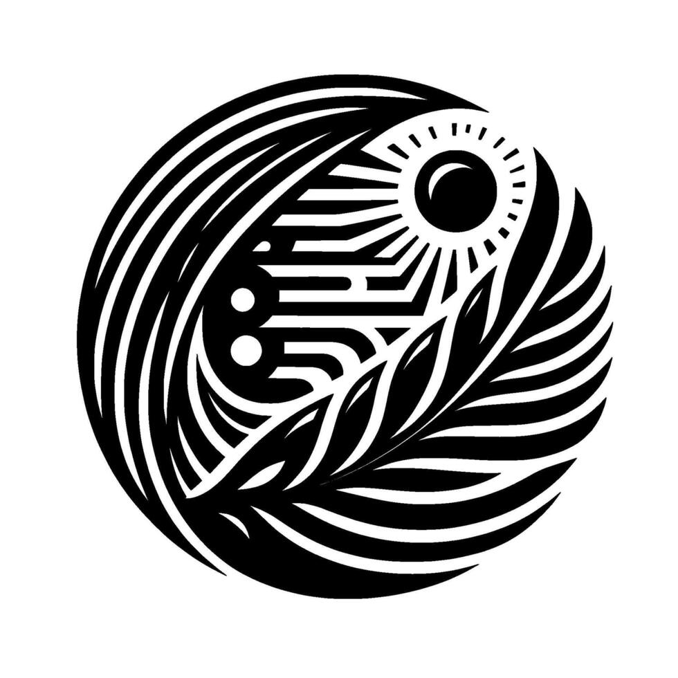 Geometric black and white circular featuring stylized sun, ocean waves, and fern, embodying balance and natural harmony. vector
