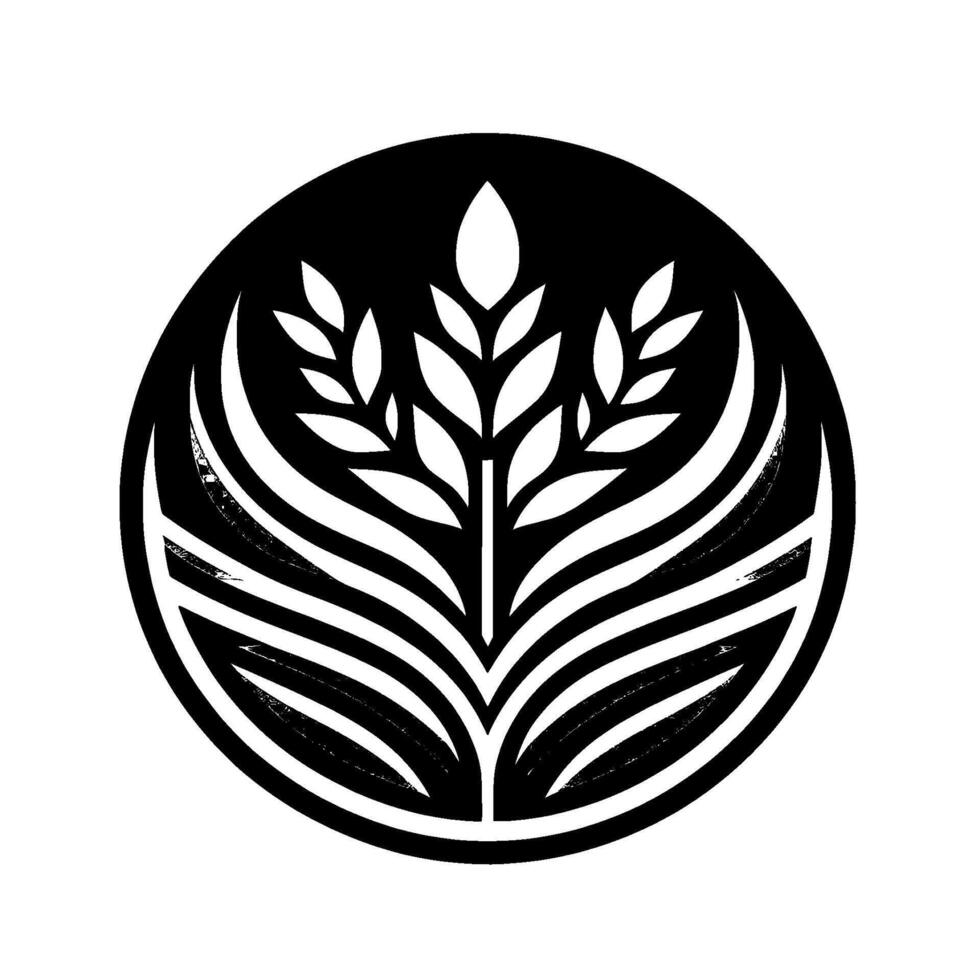 Monochromatic Floral Emblem Abstracted, stylized plant within a black circular frame, symbolizing growth, nature, and simplicity. vector