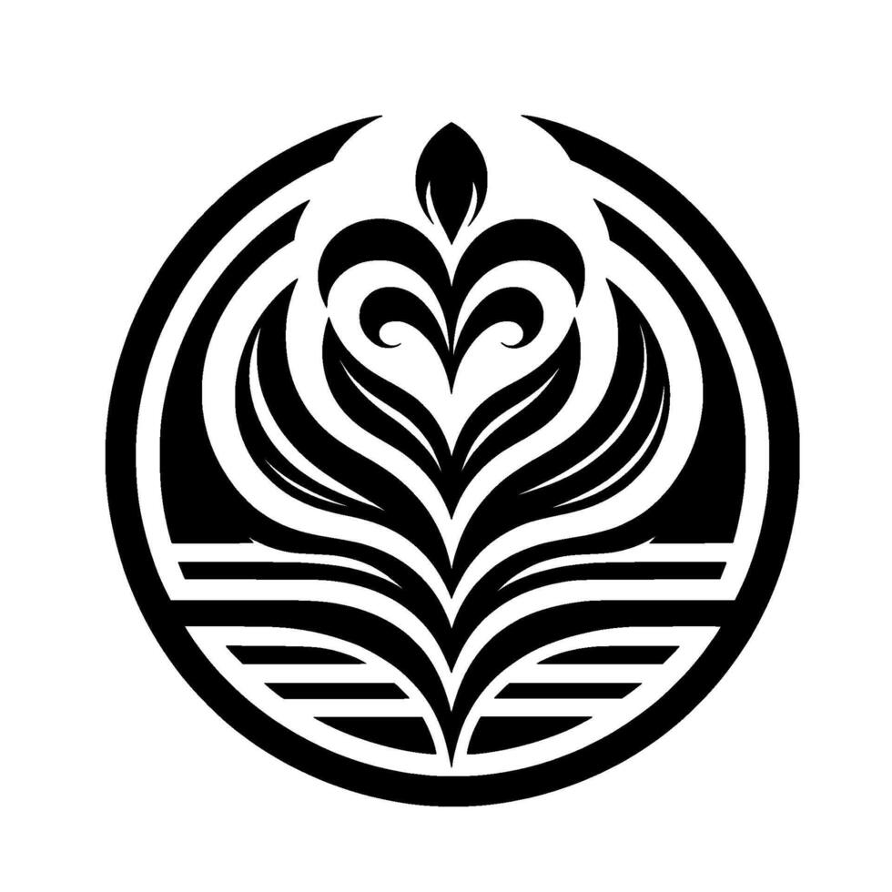 Symmetrical black and white floral emblem within a circle, featuring heartshaped elements with a minimalist and stylized aesthetic. vector
