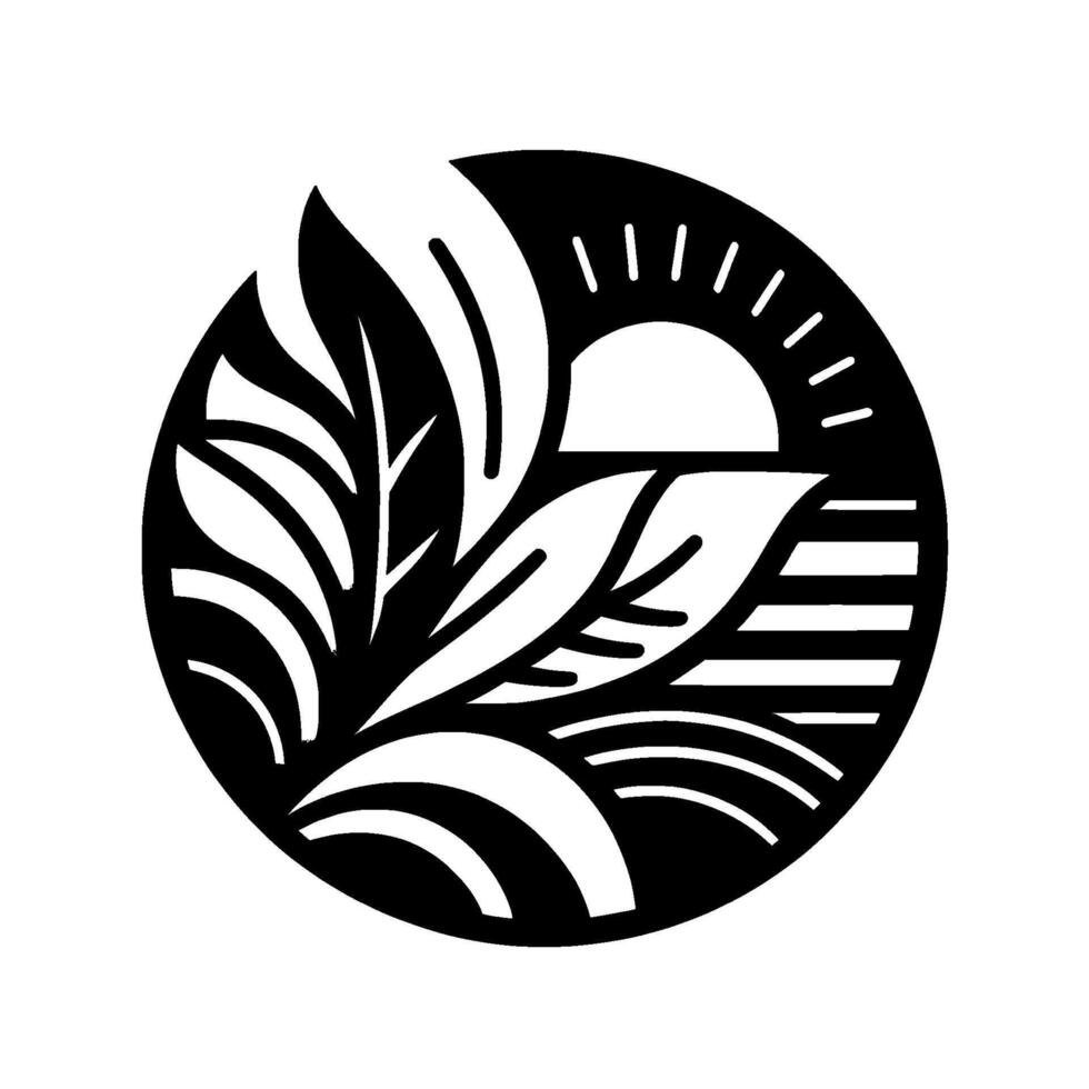 Stylized Black and White Circular Nature Illustration Leaves, Sun, and Landscape, Minimalist vector