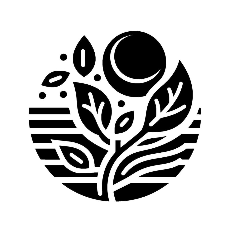 Serene Black and White Botanical Illustration Moonlit Leaves and Sprigs within a Circular . vector