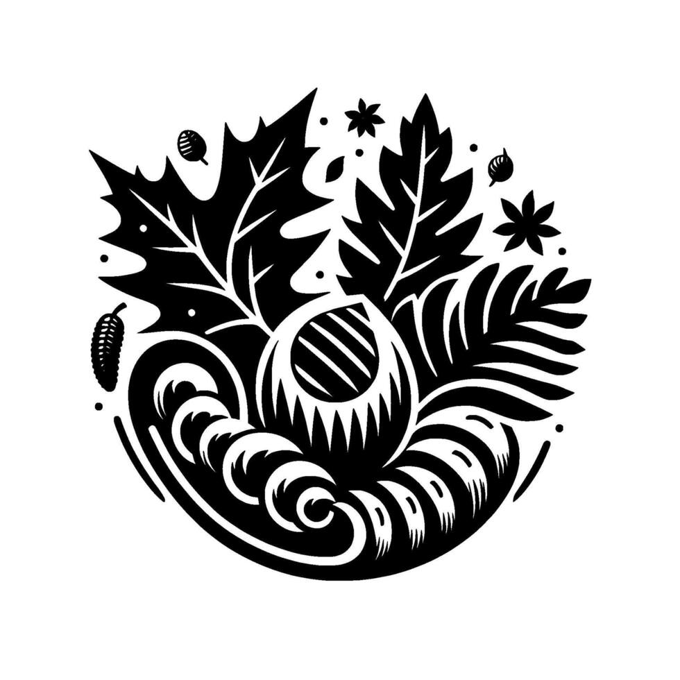 Intricate Black White Circular Composition Leaves, Acorn, and Seasonal Embellishments in a Decorative Autumnal Illustration. vector