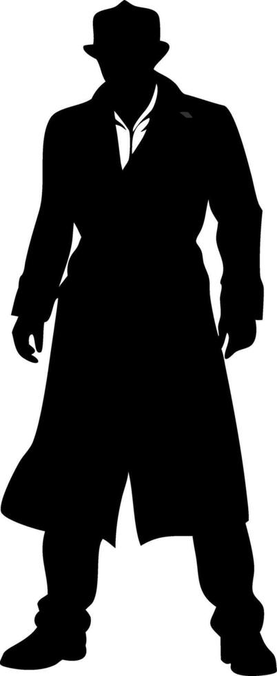 Silhouette of Detective in Trench Coat Hat Dark Mystery Character Illustration vector