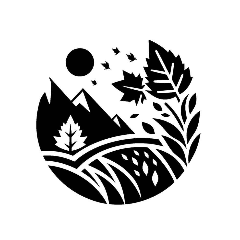 Circular Minimalist Black and White Nature Illustration Mountains, Sun, Leaves, Grass and Birds. vector