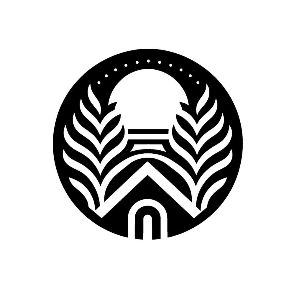 Minimalist Black and White Circular with House, Foliage, and Arch Elements, Geometric and Symbolic Representation. vector