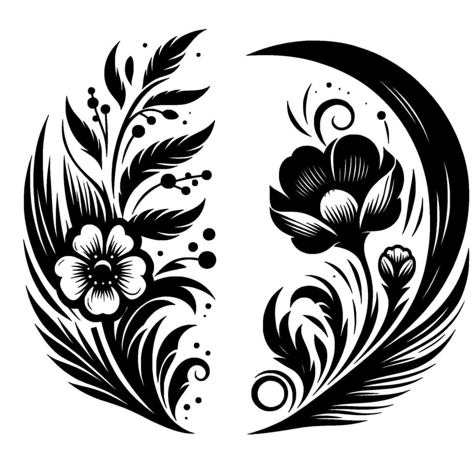 Symmetrical Floral in Black and White Two CrescentShaped Botanical Arrangements with Detailed Flowers, Leaves, Berries, and Abstract Lines. vector