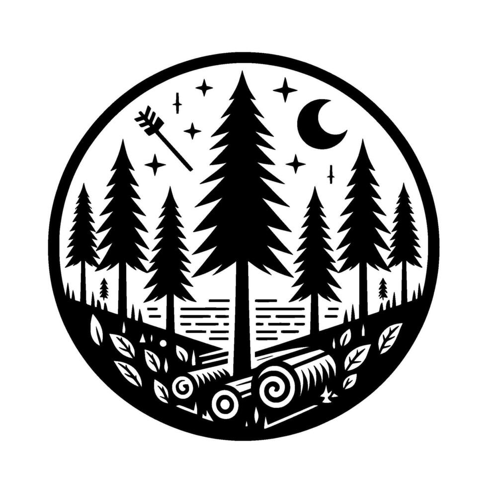 Black and white minimalist circular illustration of a tranquil forest at night, featuring tall pine trees, an arrow, and crescent moon. vector