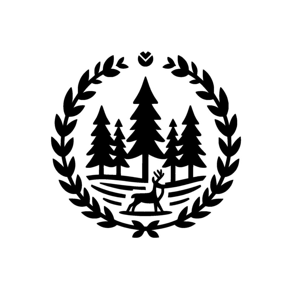Black and White Circular Emblem Depicting a Forest Scene with Pine Trees, a Deer, and Laurel Wreath Border. vector