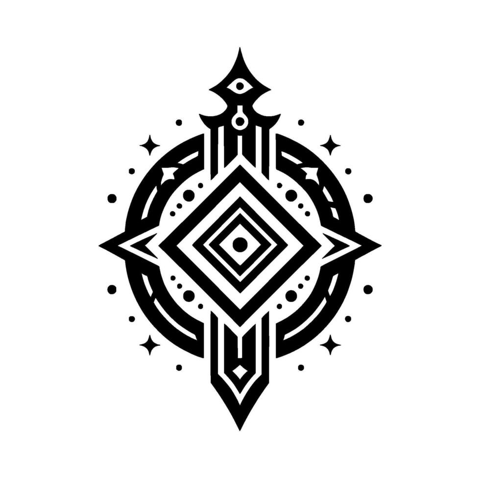 Intricate Black and White Geometric with Central Diamond, Circle, Spikes, and Celestial Dots on White Background. vector