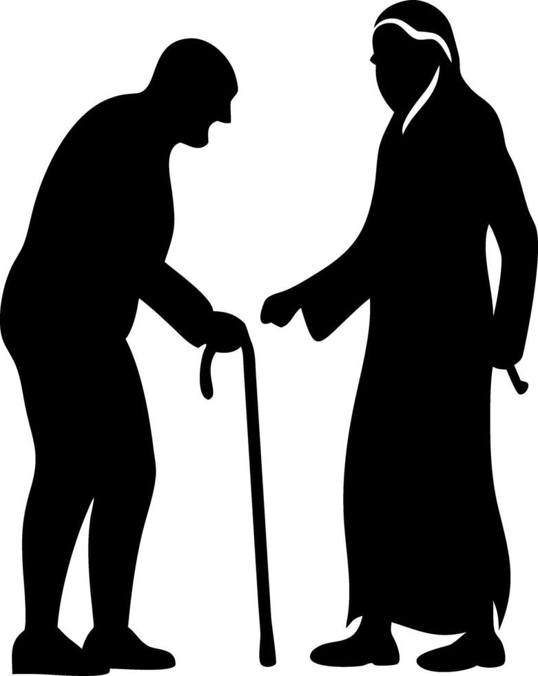 Elderly Couple Silhouette Illustrating Compassionate Interaction with Cane vector