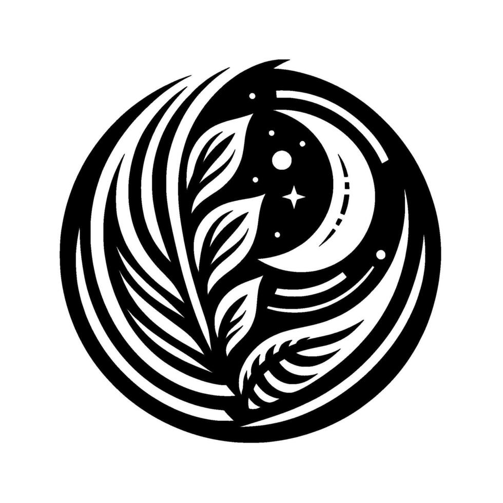 Intricate, BlackandWhite Circular Moon, Stars, and Foliage Embrace in Serene Harmony, Symbolizing Night and Natures Balance vector