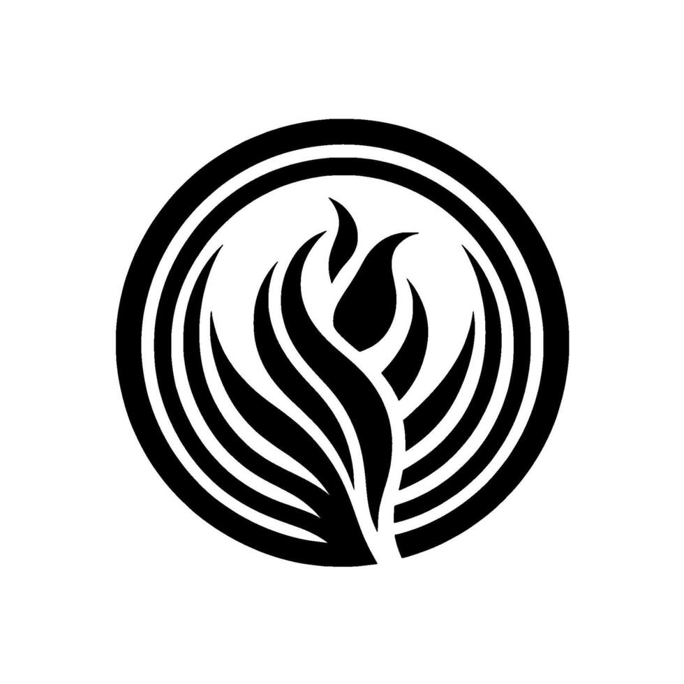 A minimalist black and white featuring a stylized flame or floral emblem contained within a circular frame. vector