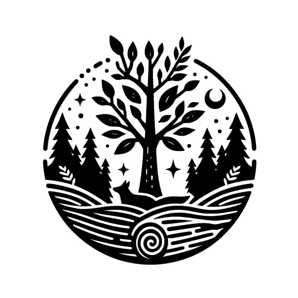 Black and White Circular Illustration of a Forest Scene with a Tree, Fox, and a Crescent Moon with a stylized . vector