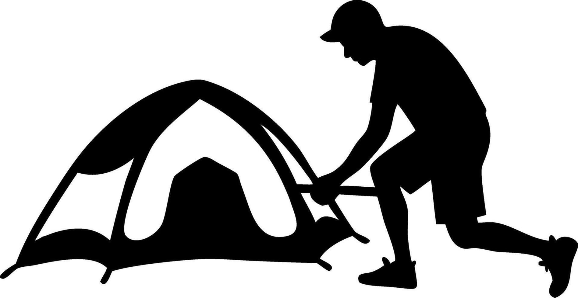 Silhouette of a Person Setting Up a Tent for Camping Adventure Outdoors vector