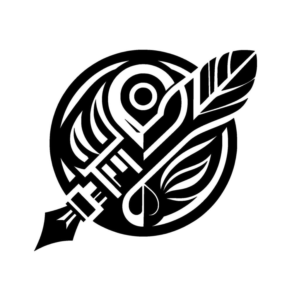A stylized black and white of a quill pen intersecting a circular emblem featuring tribalesque leaf and heartlike shapes, centered. vector
