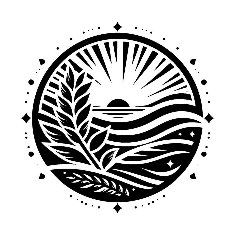 Black and White Circular Emblem Sunrise Over Water with Wheat, Stars, and Decorative Border, Abstract . vector