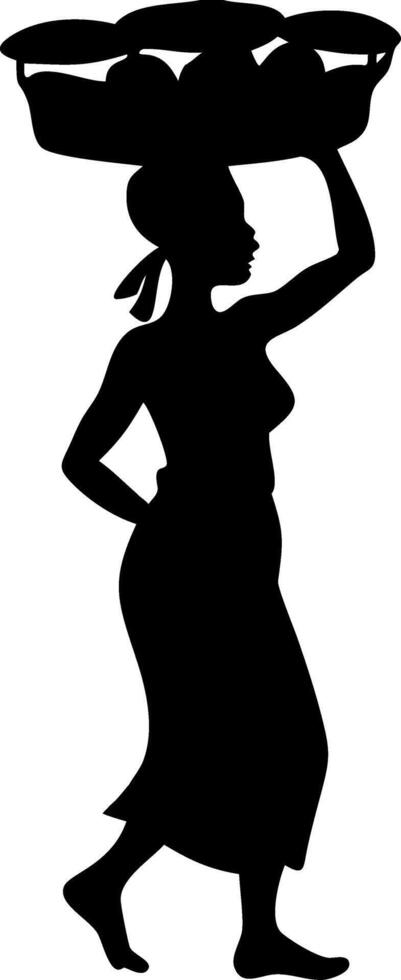 Silhouette Woman Carrying Basket on Head Walking Barefoot Empowerment Culture Art vector