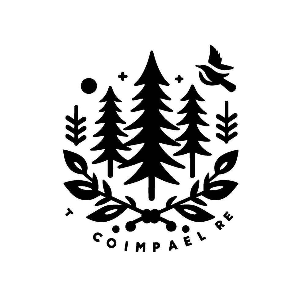 Stylized black and white circular emblem featuring forest scene with trees, a bird, leaves, plus signs, moon and a logotype. vector