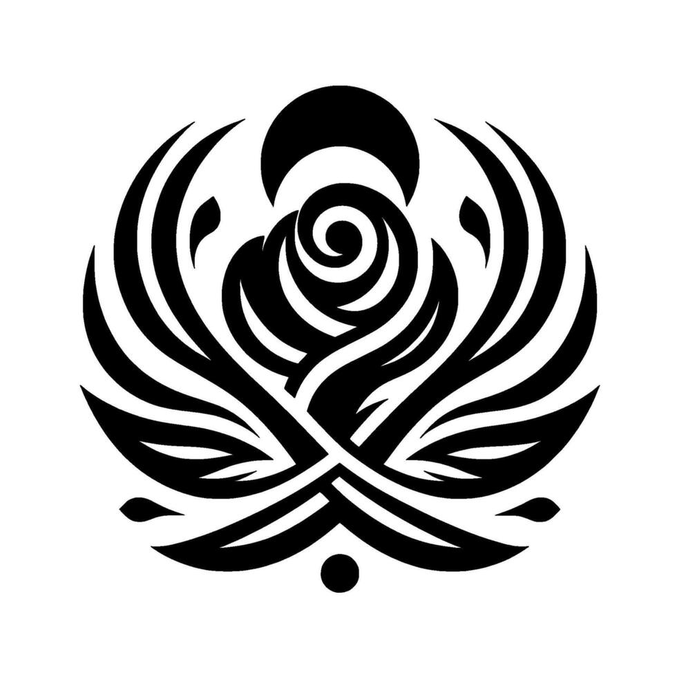 Geometric Black and White Rose Emblem Symmetrical, abstract floral with a circular composition and stylized leaves, perfect for or tattoos. vector