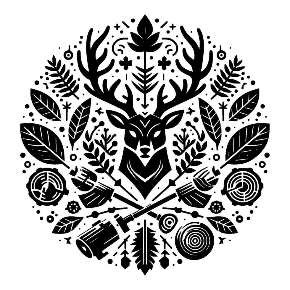 Intricate Black and White Circular Emblem Deer Head, Antlers, Axe, Leaves, Wood Elements, Folk Art Style. vector