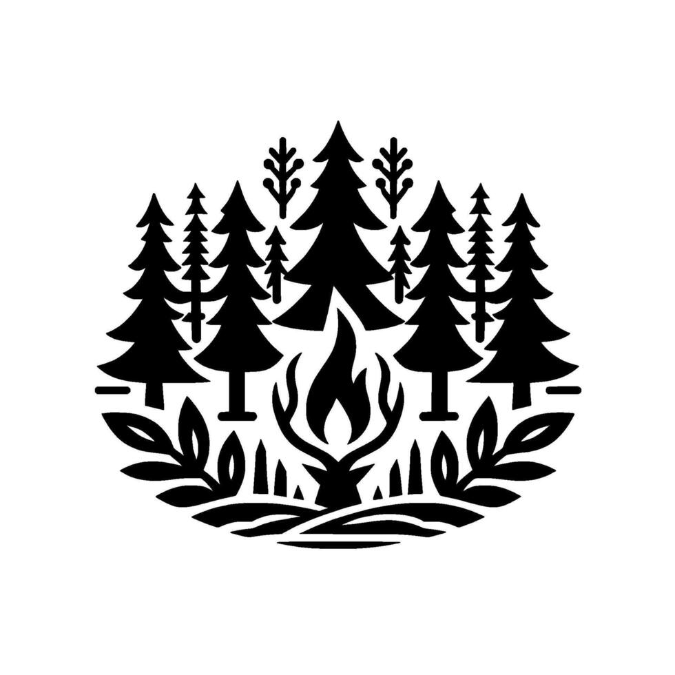 Minimalist black and white forest badge featuring a deer skull, campfire, evergreen trees, and stylized foliage. vector