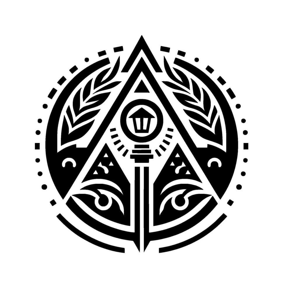 Monochromatic Geometric Emblem Featuring a Lamp Post, Triangles, Leaves, Cresents, and Circular Decorative Border on White Background. vector