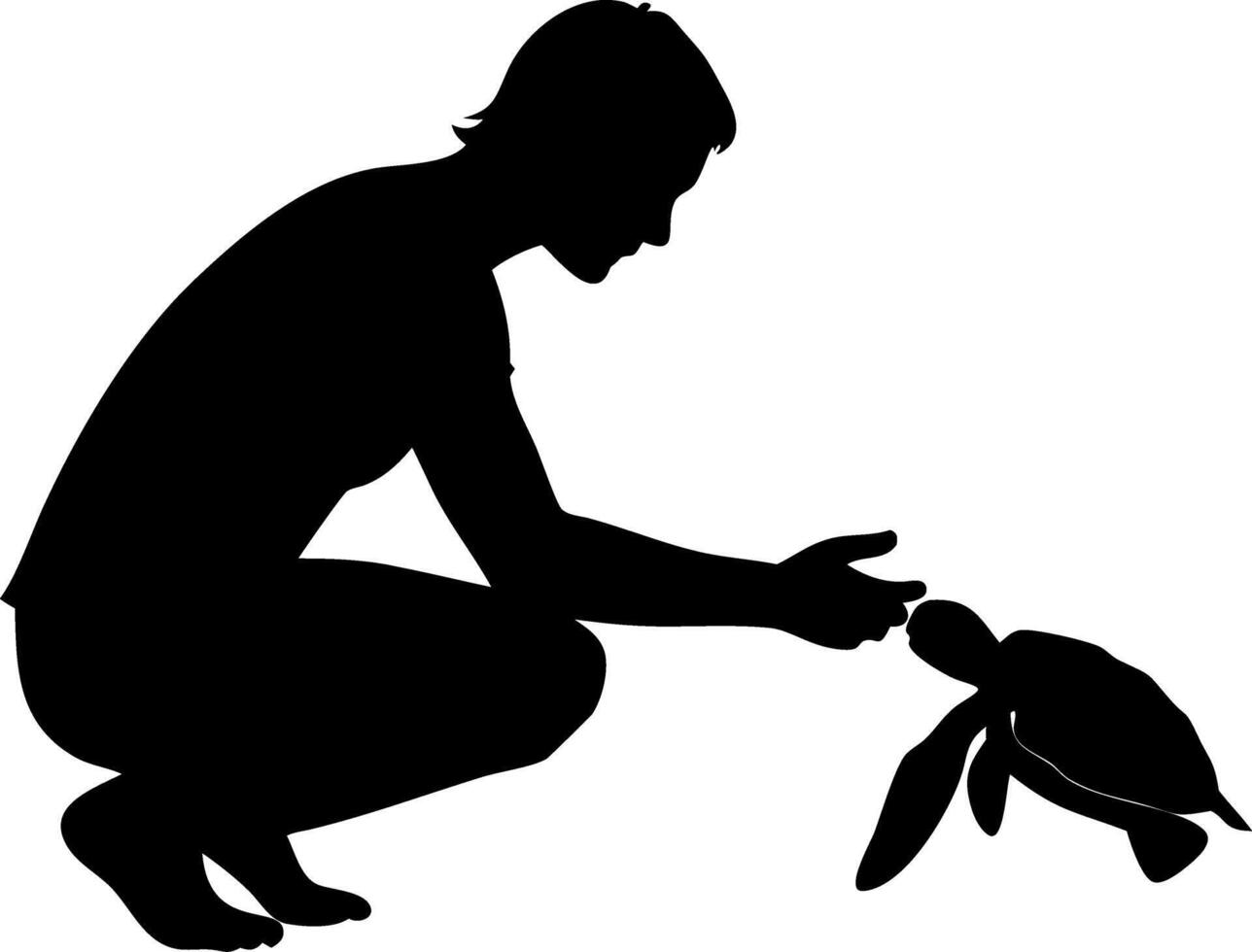 Person Interacting with Sea Turtle in Silhouette Style for Environmental Awareness Designs vector