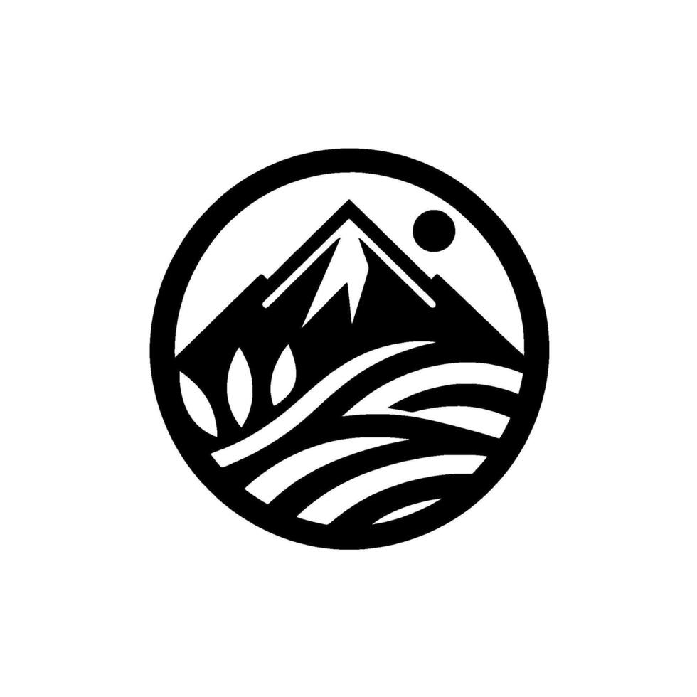 Black and white minimalist circular featuring stylized mountain peaks, sun, and water waves within a simple, clean . vector