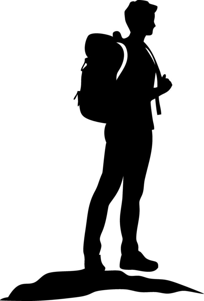Hiker Silhouette with Backpack Standing on a Rock for Outdoor Adventure Graphics vector