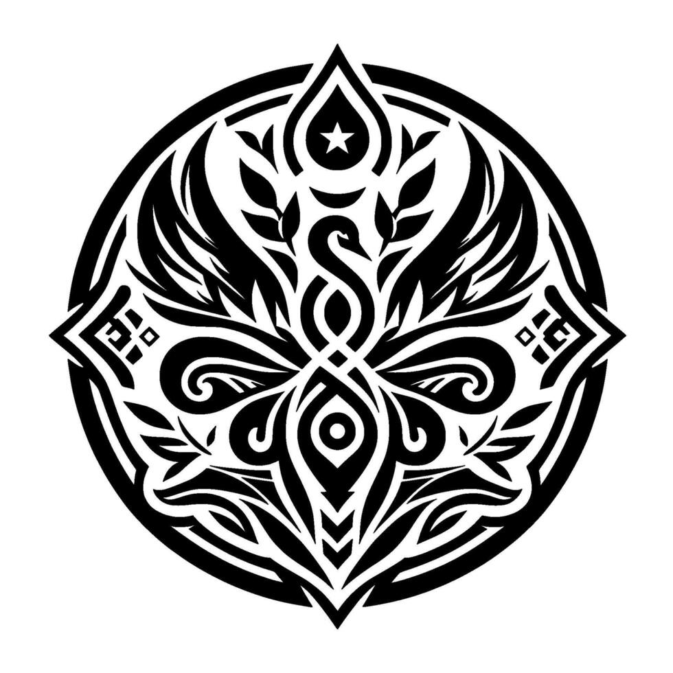 Intricate Black and White Ornamental Swan Medallion with Floral and Geometric Motifs, Enclosed in a Circle, Symbol of Grace. vector