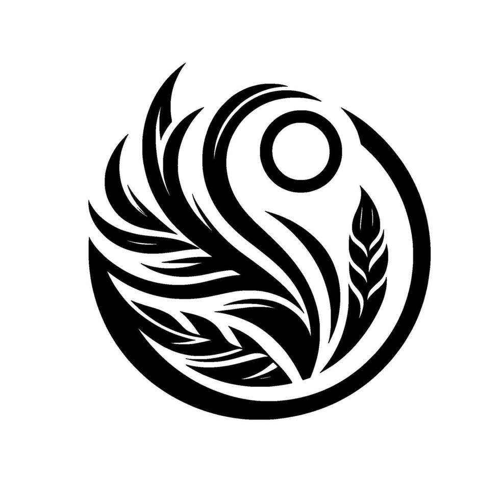 Abstract Black and White Circular Featuring Stylized Leaves, Sun, and Organic Lines. vector