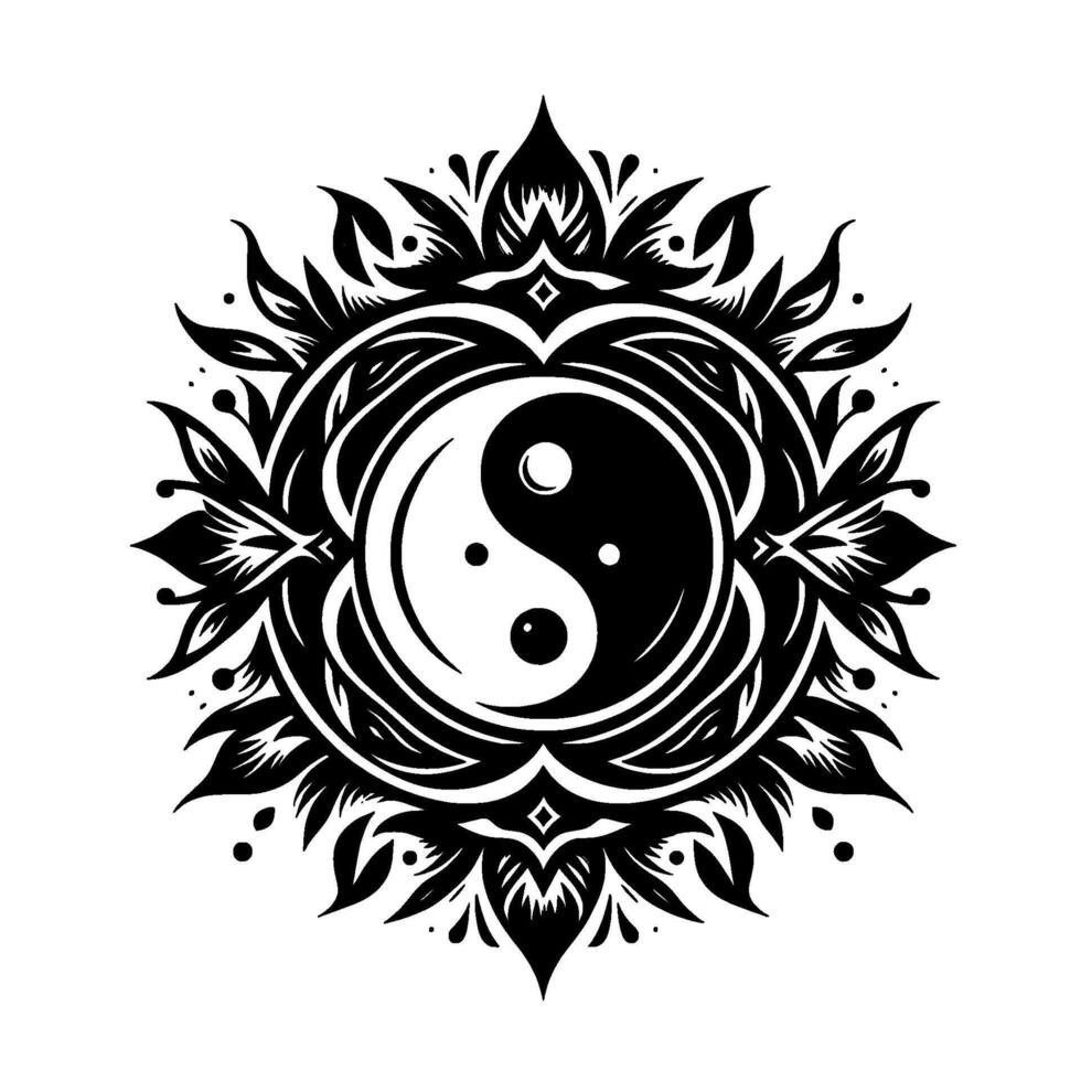 Intricate YinYang symbol surrounded by stylized floral mandala in a bold black and white . vector