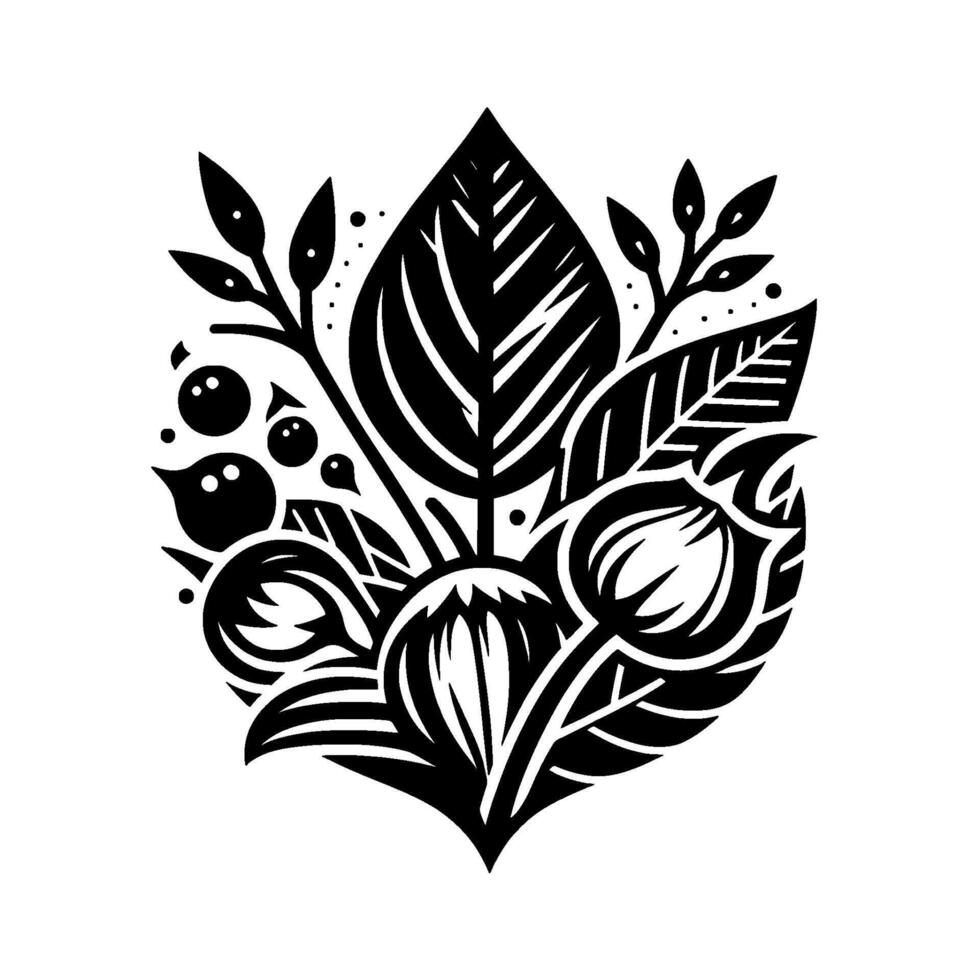 Botanical Monochrome Illustration Stylized Black White of Leaves, Berries, and Floral Elements in a Symmetrical Composition. vector