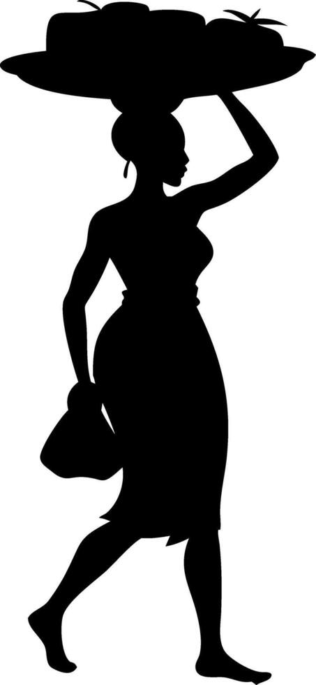 Elegant Woman Carrying Fruits on Head with a Vintage Style Suitable for Home Decor or Tattoos vector