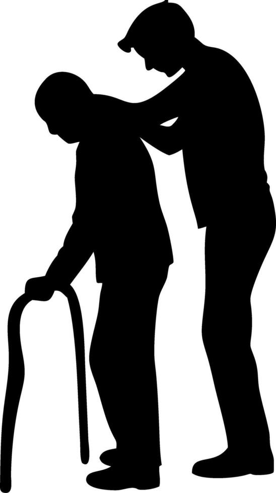 Supportive Caregiver Assisting Elderly Man with Cane Silhouette for Health Awareness Design vector