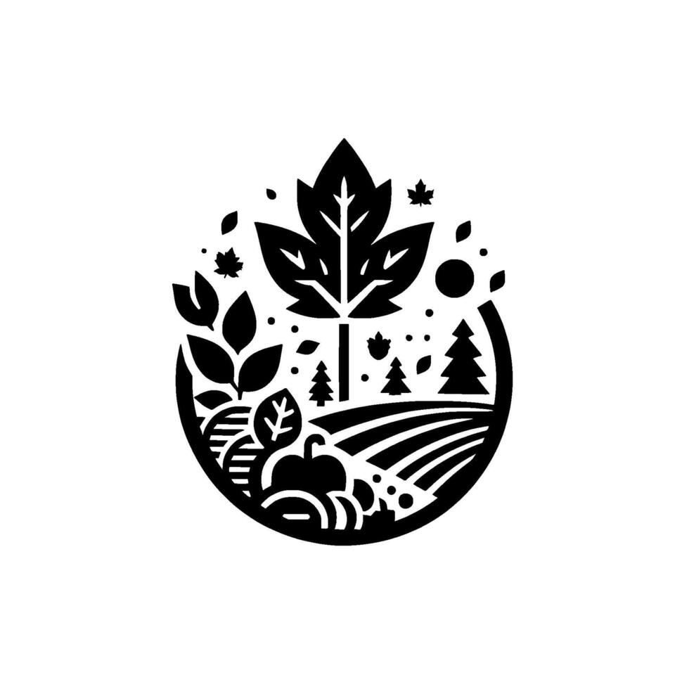 A stylized monochrome featuring a symbolic autumn landscape within a teardrop shape, including a large maple leaf, trees, field, and pumpkin. vector