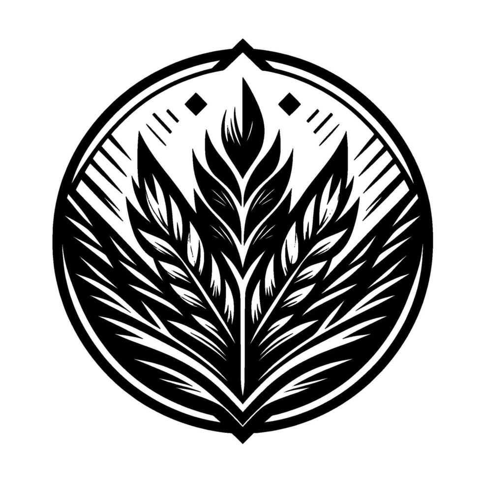 Black and white circular stylized floral emblem featuring symmetrical wheatlike elements and decorative accents, centered on white background. vector