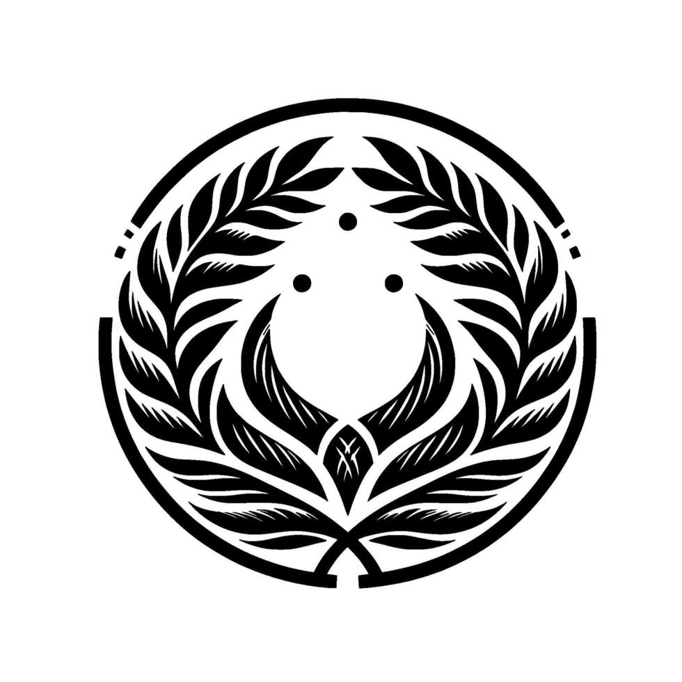 Intricate Black and White Circular Emblem Leafy Wreath Surrounding Ornamental Floral with Dots, Geometric, Minimalist. vector