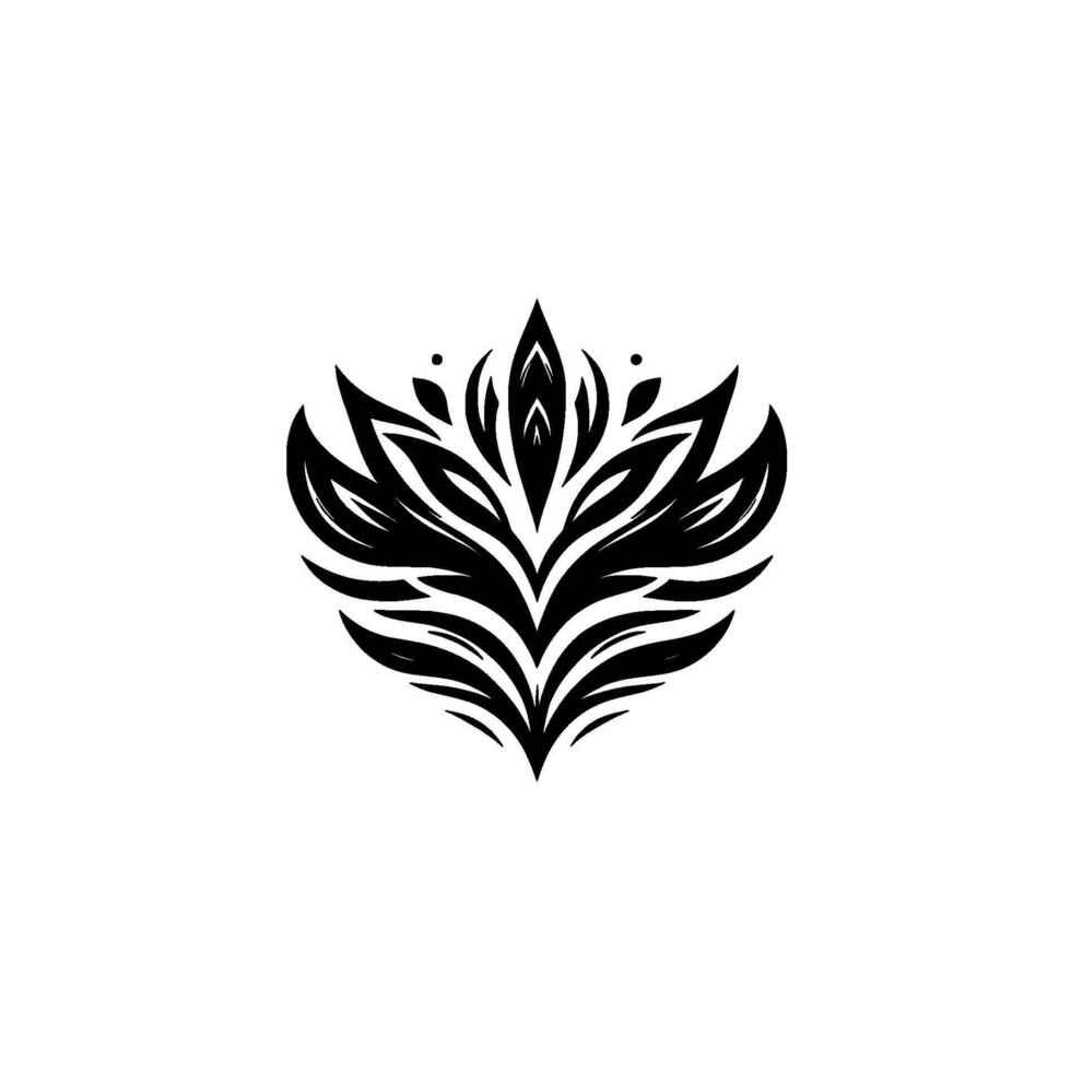 Symmetrical Black and White Floral Emblem with Detailed Leaflike Petals and Central Focal Point on a White Background. vector
