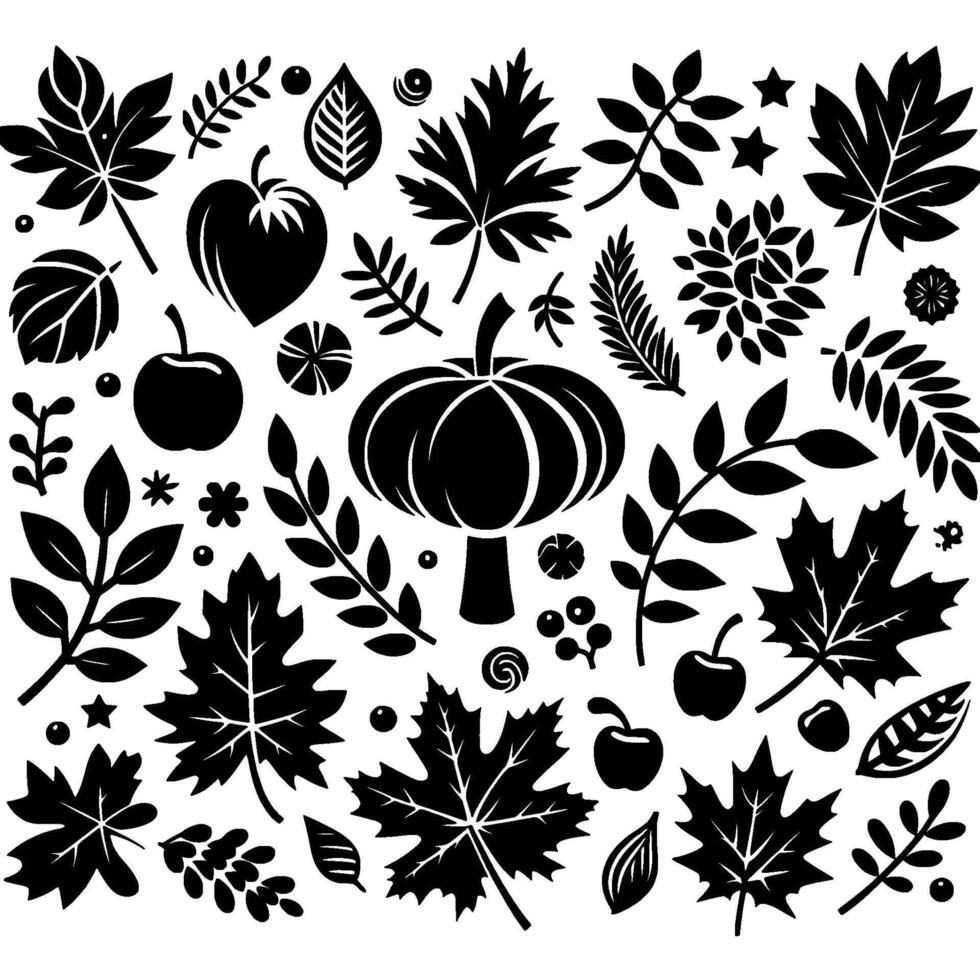 Silhouetted Autumnal Composition of Leaves, Fruits, and Pumpkin A Decorative Pattern in Black and White vector