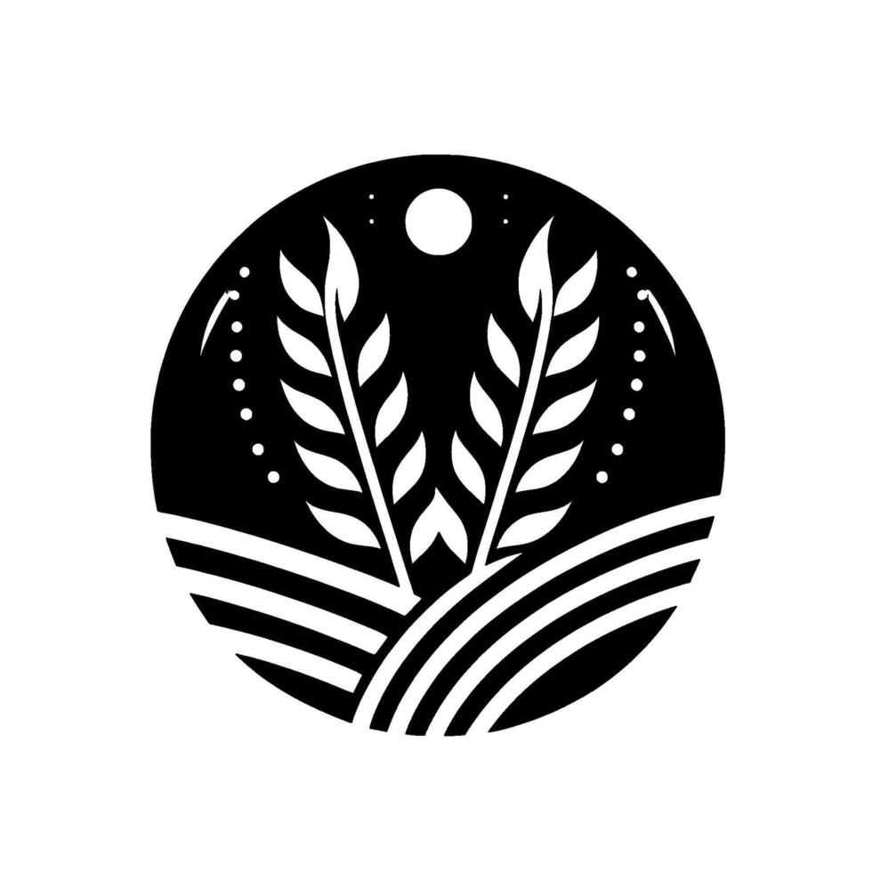Stylized Black White Circular Emblem Wheat Stalks, Fields Under Moon and Stars, Minimalist Agriculture . vector